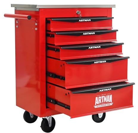 Boîte à outils à rouler avec tiroirs, Armoire de stockage d'outils en acier avec poignée, Roues verrouillables, Boîte d'organisateur d'outils pour atelier de garage (rouge noir,5 Tiroir)