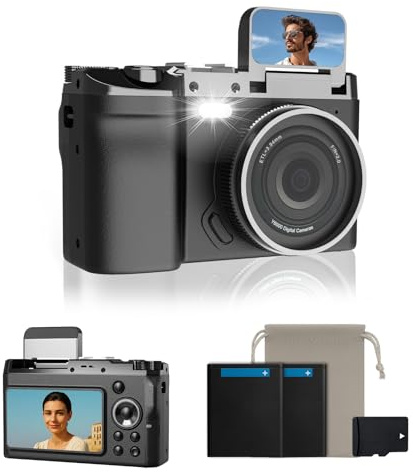 Digitalkamera 4K 64MP, Retro Kompaktkamera mit Doppelbildschirm und 32GB Karte, Vlogging Kamera für YouTube mit 16X Zoom & Blitz, Fotokamera für Anfänger, Reiseliebhaber