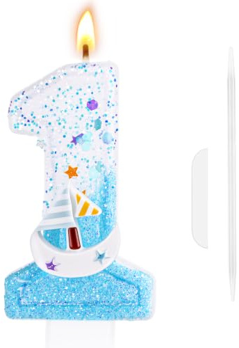 AYBUY Velas de cumpleaños número 1, Velas de Pastel de Cumpleaños, 3D Velero del Océano Azul, Birthdays Glitter Number Candle, decoración de fiesta temática de pastel de vela para celebraciones