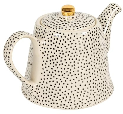 White Stoneware Teapot with Black Speckles & Gold Electroplating