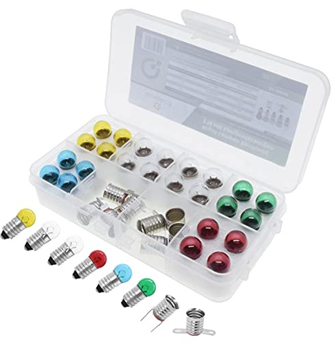 QUADRIOS GmbH Kugellampen 3 W Sortiment Set E10 Klar Farbig Bunt (6V/ 500mA) mit Fassungen 32 Teile (Ersatzteile für herkömmliche Beleuchtungen, Fahrrad, Gartenleuchte, Taschenlampe, Modell..)