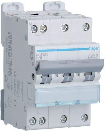 disjoncteur - 3 poles + neutre - 6-10ka - courbe d - 25a - 3m - hager ngt825