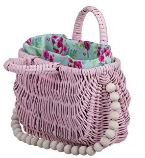 e-wicker24 Pequeña cesta en color rosa, bolsa de mimbre con asa y perlas de madera.