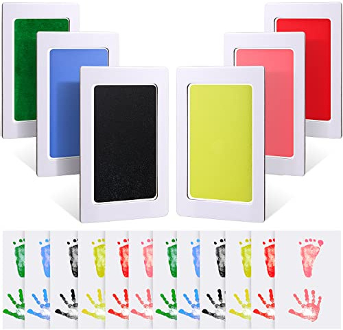 18 Pieces Baby Inkless Handprint and Footprint Kit 6 Safe Hand and Foot Ink Pad Clean Touch Dog Paw Print Stamp Kit and 12 Card for Newborn Registry Family Keepsake Baby Gift (Small)