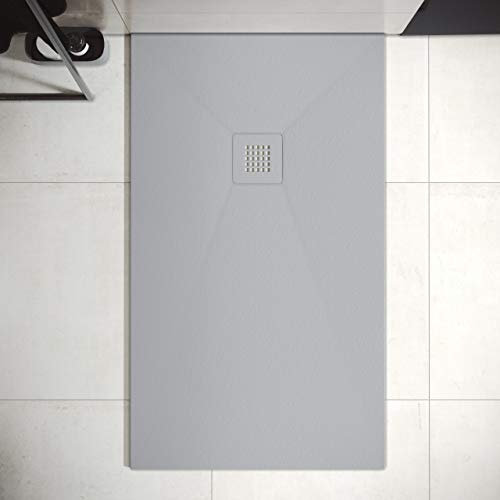 Plato de Ducha de Resina Mineral - Textura Pizarra,Antideslizante y Antibacteriano - Acabado Mate - Incluye Rejilla (100x100 cm, Gris Cemento)