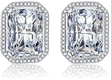 Shuxin Sterling Silver Stud Earrings for Women, Silver Cubic Zirconia Stud Earrings, Big Clear Faux Crystal Diamond Gemstone Studs Earrings, Bridal Earrings for Brides Bridesmaids Wedding