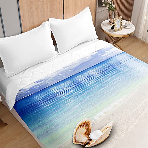 Odot 3D Colcha Bouti Cama 90/150 Verano, 3D Oceano Patrón Acolchada Colchas Cubre Cama Individual o Matrimonio Multiusos Ligera y Suave Colcha Cama (180x220cm,Playa Conchas)
