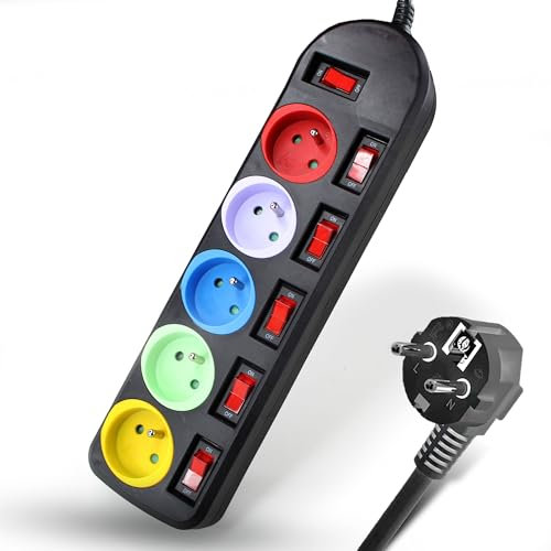 FISHTEC - Multiprises Electriques 5 Prises Couleur - Bloc Multiprise Interrupteur Général + pour Chaque Sortie Stickers (Noir)
