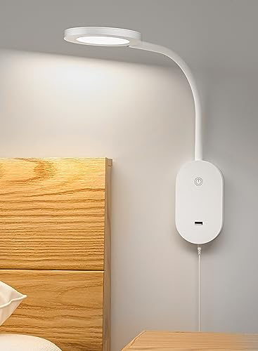 deeloop Wall Mounted Reading Light,Book Lights with USB Output, Reading Lamps for Bed Headboard in 4 Hours Auto-Off, Touch Control Wall Lamp with 5 Dimmable Flexible Head Rotation Bedside Lamps White