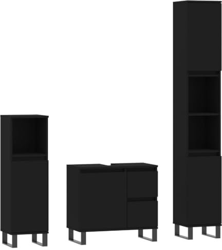 vidaXL Badmöbel Set 3 TLG., Badezimmermöbel mit viel Stauraum, Badschrank mit Eisenbeinen, Badezimmerschrank Waschbeckenunterschrank Hochschrank, Schwarz Holzwerkstoff