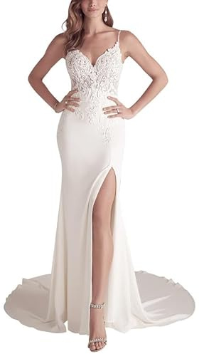 SEVENYXX Vestido de Novia de Mujer, Fideos Italianos, Encaje, Sirena, Registro de Vestidos de Novia de Playa Long, Blanco, 36