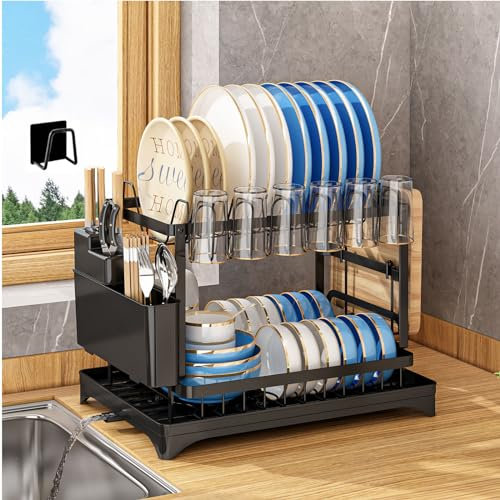 TEGOVE Egoutoire Vaisselle Cuisine,Égouttoirs à Vaisselle à 2 Niveaux en INOX,Porte-ustensiles et bac d'égouttement,Séchoir à Vaisselle avec Porte-ustensiles,Noir Kitchen Drain Rack