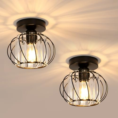 Pheashine 2Pcs Lámpara de Techo de Cristal Moderna, E27 Semi Empotrado Lámpara de Araña de Cristal, Redonda Luz de techo Negro para Pasillo Dormitorio Porche Entrada