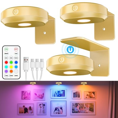 WILLED Luce Per Quadri Senza Filo Ricaricabile, RGB Faretto per Quadri a Batteria, Applique LED da Parete, Quadri Lampada, Applique Quadro Luci per Esposizione Pittura Vetrina（3 Pezzi, Oro）