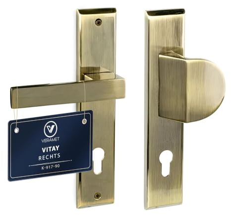 VERAMET Poignée de Porte d'Entrée avec Bouton Fixe 90 mm Plaque Longue | Ferrure Zinc Aluminium, Cylindre Profilé, Résistant à la Corrosion, Kit de Montage, Patiné, Droite – VITAY