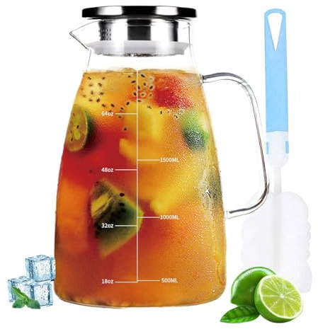 Water Jug Water Bottle 2L Glass with Lid, Nozzle and Cleaning Brush, Clear Transparent Glass Kettle Refrigerator Water Bottle with Precise Scale, for Milk Coffee Iced Tea, Cold & Hot Drinks
