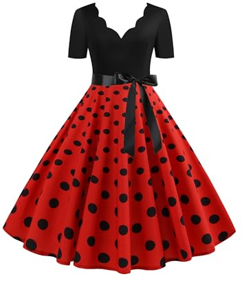 EFOFEI Donna Abiti Natalizi Maniche Corte Abito da Cocktail Hepburn Vintage Abito da Festa con Stampa Natalizia Altalena Trapezio Rosso XXL