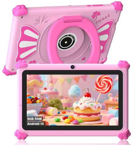 ascrecem Kinder Tablet 7 Zoll Android 15 Tablet Kinder mit 2.4G+5G WiFi6 Penta Core 6GB RAM 32GB ROM Kindertablet Widevine L1 Dual Kamera 128GB Erweiterun Kindersicherung Lernspiele (Rosa)