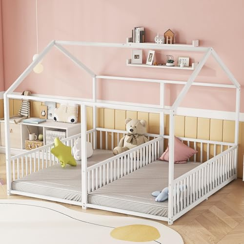 TOBIDOEN Cama infantil de 90 x 200 cm, dos camas de 90 cm con protección anticaídas, cama doble con modelado de casa, marco de hierro, color blanco, ideal para 2 niños