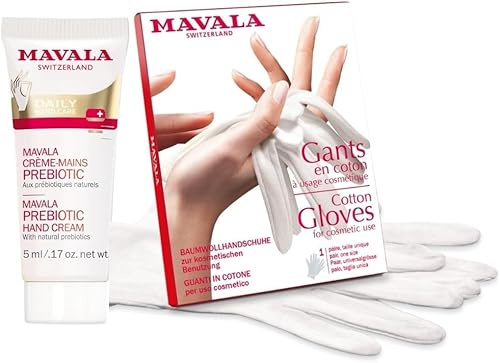 Mavala Crème Mains Prébiotic & Mavala Gants Coton – Lot de 2 Soins Mains – Hydrate, Répare & Protège les Mains Sèches avec Action Renforcée Pendant la Nuit