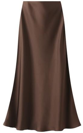 2025 - Falda de cintura alta para mujer, de satén, con cremallera, elegante falda, marrón, L