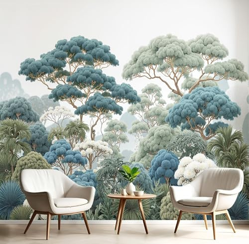 JSCWDET Papel Pintado Pared Bosque Estilo Chino Pintado A Mano 300 × 210 cm Fondo De Pantalla Panorámico Ilustración Natural Papel Tapiz Decoración De Pared Para Sala De Estar Dormitorio, Verde Claro