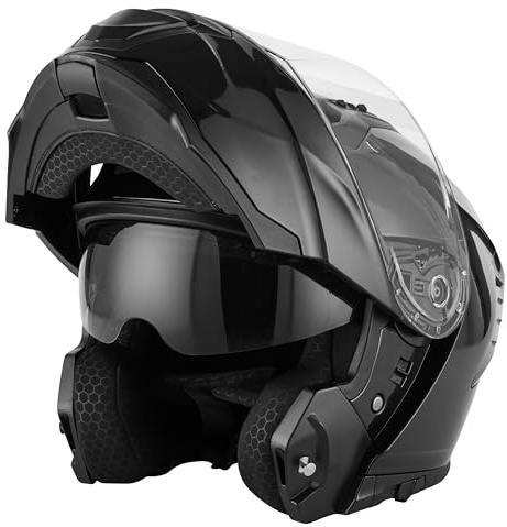 JDC Motorcycle Helmet Full Face Modular Flip Up Front - Retractable Double Visor ECE 22.06 - LYNX - Black - M