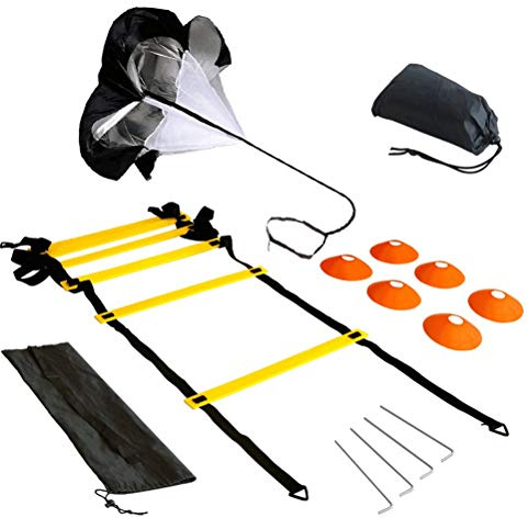 SPYMINNPOO Set per Allenamento velocità da Calcio, Materiale PP, Include Scala di agilità, Paracadute di Resistenza, Adatto per Atleti e Allenatori (Black)