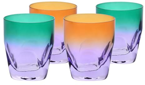 Krosno – Vasos para whisky de 260 ml, juego de 4 piezas – Colección Aurora – Pintados y decorados a mano – Cristal sin plomo – Para bourbon, ron y cócteles – Regalo – Naranja y violeta