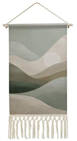 Arazzo da parete in lino, verde salvia e beige montagna astratto poster vintage da parete con nappa e asta in legno