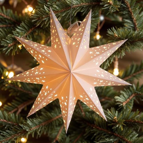 Pappersstjärna lykta lampskärm, 35 cm julhängande pappersstjärna lampskärm, 9-spetsigt hopfällbart papper lampskärm, festliga lyktor hängande ornament för vintersemester heminredning (ädel)