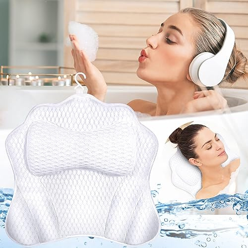 MOYKSRR Oreiller de Bain, Oreiller de Baignoire, Coussin Baignoire, Coussin de Nuque, Baignoire de Oreillers SPA avec Technologie 4D Air Mesh, Coussins de Bain Amovible et Anti-dérapant avec Ventouses