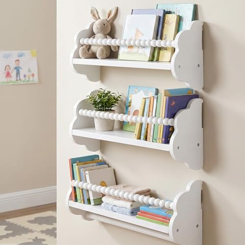Cloud Nursery Shelves for Wall, Set of 3, Solid Wood Wall Mounted Kids Bookshelf, Floating Montessori Book Display Rack with Bead Guardrail for Baby Toddler Room Playroom Bedroom Décor(white)