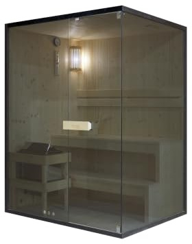 SANOTECHNIK Sauna FALUN L - Sauna para 2 o 3 personas, de madera de abeto, 4,5 kW, estufa Harvia, piedras de sauna y accesorios, cristal de seguridad tintado, 150 x 120 x 200 cm