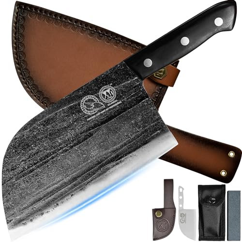 XYJ Authentic desde 1986, excepcional forja antigua, 7,5 pulgadas de toda la dinastía tang, cuchillo del Chef serbio, pinzas de carne del Chef con fundas de piel, llevar consigo, acampar al aire libre