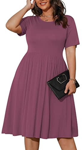 POSESHE Sommarklänning i ledig stil, avslappnad kortärmad t-shirtklänning med empirmidja, lös passform och fickor, plusstorlek