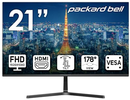 Packard Bell 21-tums skärm FHD 1920 x 1080 datorskärm, 75 Hertz, 5 Millisekunder, Ultrawide skärm, VESA-fäste, lutningsjustering, VGA och HDMI-skärm, grundläggande bildskärm och spelskärm