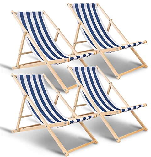 Sonnewelt 4er Sonnenliege klappbar Holz, Liegestuhl gartenliege 120kg max, Strandliege für draußen Garten - Blaue und weiße