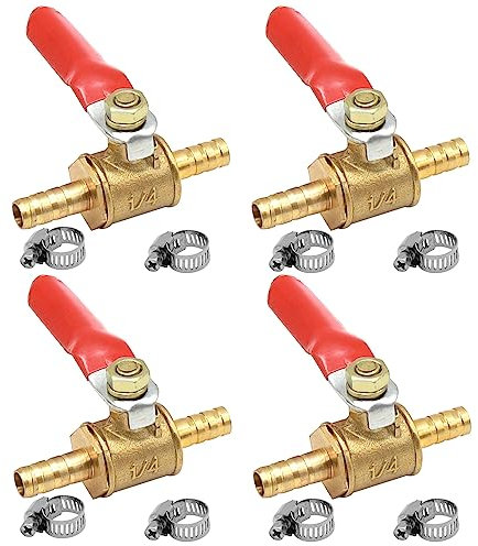 GOIYZTTR 4 Stück 6mm Kugelventil aus Messing mit Widerhaken Kugelhahn Absperrventil mit 8 Stück Klemmen für Luft Gas Kraftstoffleitung Absperrung