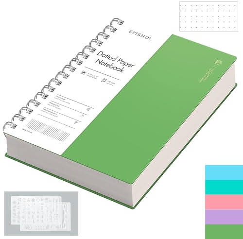 EMSHOI A5 Notebook, Spiral Dotted Journal, 300 Pages, PVC Cover, Green | 100GSM Paper, Flexible Plastic Cover, Notepad with Journaling Stencils, Pocket, Pen Loop, Bookmark Ruler, 14.5 x 21cm