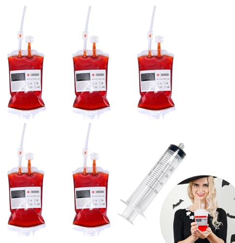Bolsa de Beber Sangre para Halloween,Bolsas de Sangre de Halloween Contenedor 350 ml,5 Piezas Bolsa de Sangre para Bebidas,Bolsa de Bebidas con Jeringuilla,Reutilizable,para Halloween de Fiesta