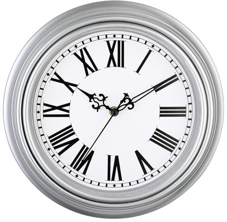 Plumeet Orologio da Parete Retrò, Orologio Numeri Romani Silenzioso Classico da 25cm Senza Tick, Adatto per Decorare Soggiorno, Camera da Letto, Alimentazione a Batteria, Argenteo