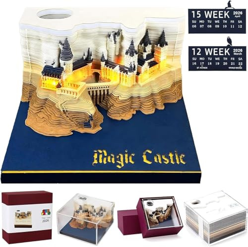 Starnearby Calendario 3d a Strappo 2026, Calendario con Blocco Note, Calendari da Tavolo 3D con Luce LED, Calendari Scultura Carta, Regalo, Ornamento (Castello magico)