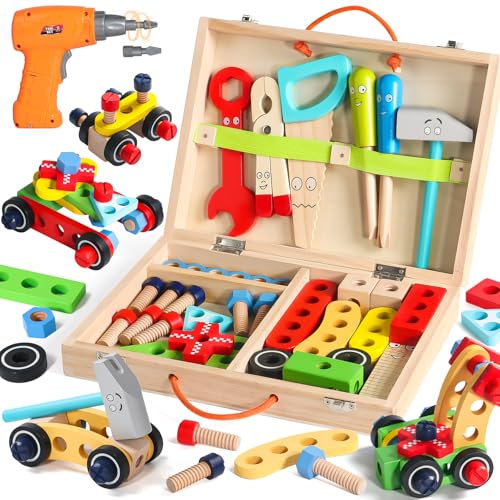 Rtomry Spielzeug ab 3 Jahre, Werkzeugkoffer Kinder Montessori Spielzeug ab 3 4 5 Jahre Junge Mädchen Holzspielzeug mit Akkuschrauber & Schürze Role Play Werkzeugkasten Geschenke für Kinder