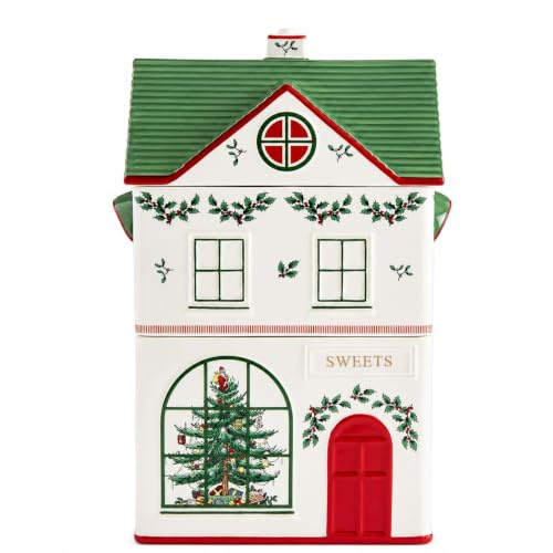 Spode Christmas Village Canister with 3 Compartments - Festive Dolomite Holiday Storage Container for Food, Cookies, Treats, Baking Ingredients- Christmas House Design - Giftable Set for Holidays