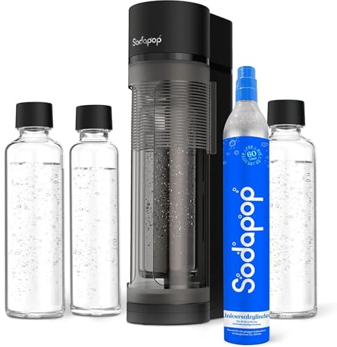 Sodapop Wassersprudler Logan, inkl. 3x Glasflasche (2x 850 & 1x 600 ml) und 1x CO₂-Zylinder, Starterset,Matt Schwarz, Höhe 42,6 cm