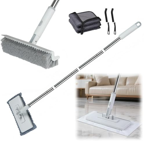 Kit 2 en 1 de cepillo para limpiar el suelo y lavar ventanas con poste de extensión, con escobilla de ventana y 3 paños de microfibra reutilizables para ventanas, vidrio de coche, pared, suelo, ducha