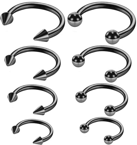 8 Stück Hufeisen Piercing Schwarz Septum Piercing Ring 16G Hufeisenringe Chirurgenstahl Lippenpiercing Augenbrauen Nabel Nasenring Hoop Piercingschmuck für Damen Herren, 6/8/10/12mm