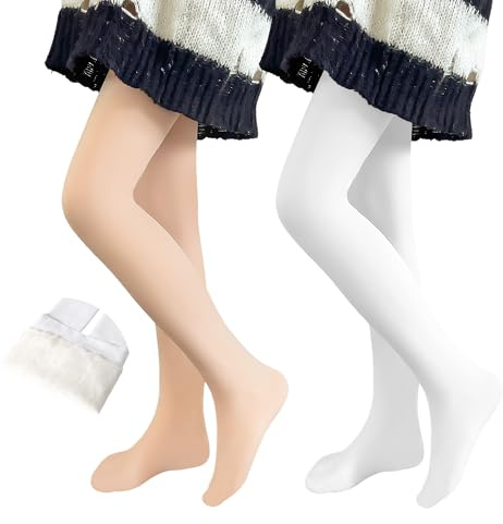 Domueay Thermo Strumpfhosen Mädchen Winter Gefütterte Strumpfhose, 2 Stück, Kinder Warm Fleecefutter Ballettstrumpfhose Winterhose Thermostrumpfhose für 8-10 Jahre, Weiß & Hautfarbe