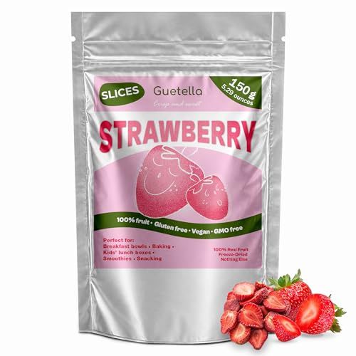 Frystorkade jordgubbar, frukt i skivor, 100% torkad frukt, naturlig, utan tillsatser, högsta kvalitet, jordgubbschips, veganskt, snacks, ren frukt (150 g, Strawberries)
